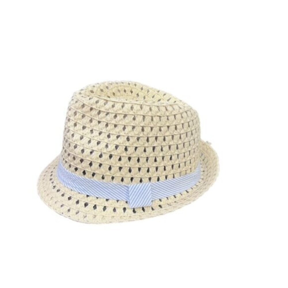Straw Fedora Hat Light Blue Ribbon Preppy BOHO Cottagecore Pool Beach Travel EUC